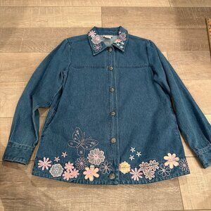 TOFFEE APPLE WOMENS DENIM PINK EMBROIDERED BUTTON DOWN SHIRT SMALL